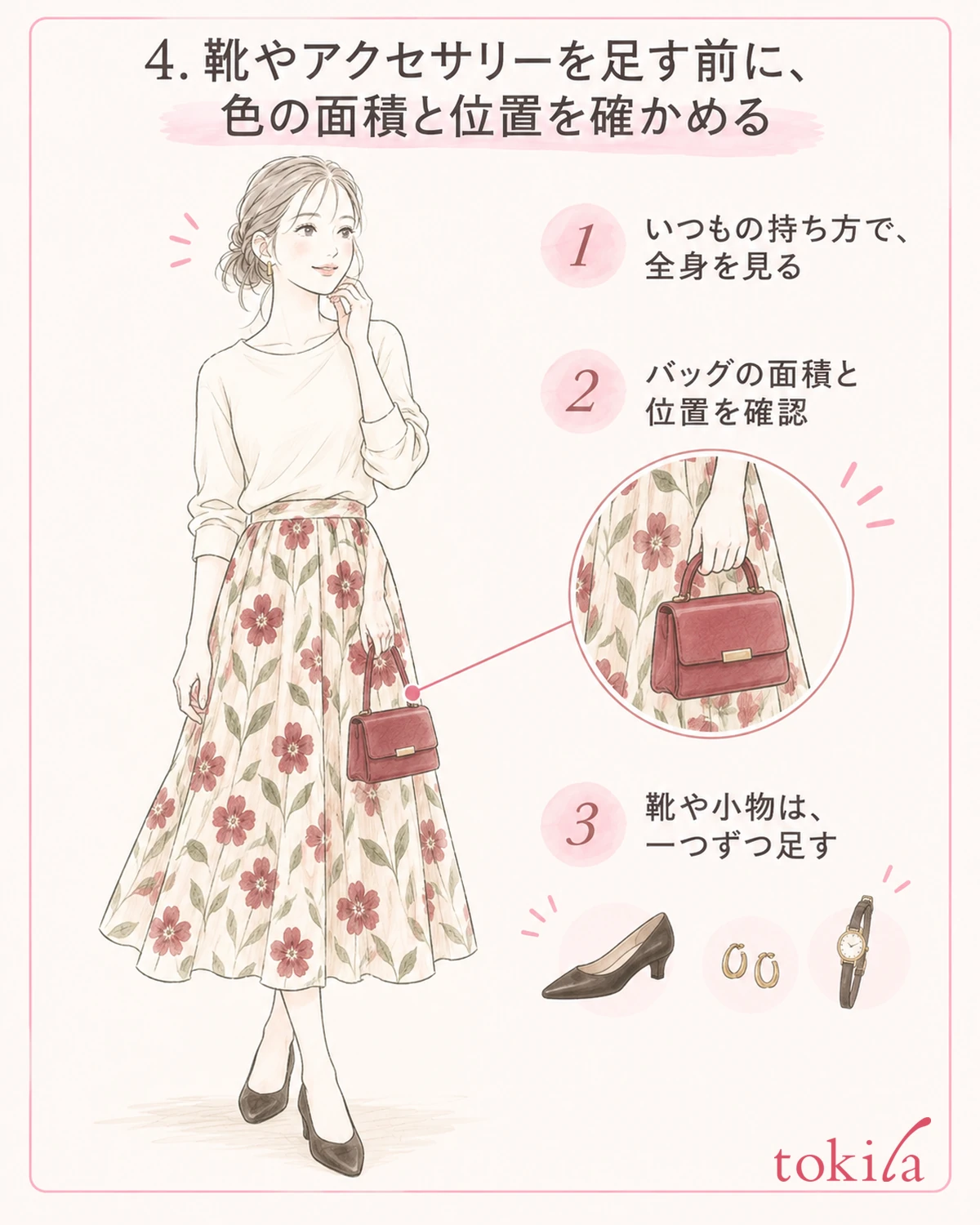 実際の持ち方でバッグの面積を確かめ、靴や小物は一つずつ加えます。
