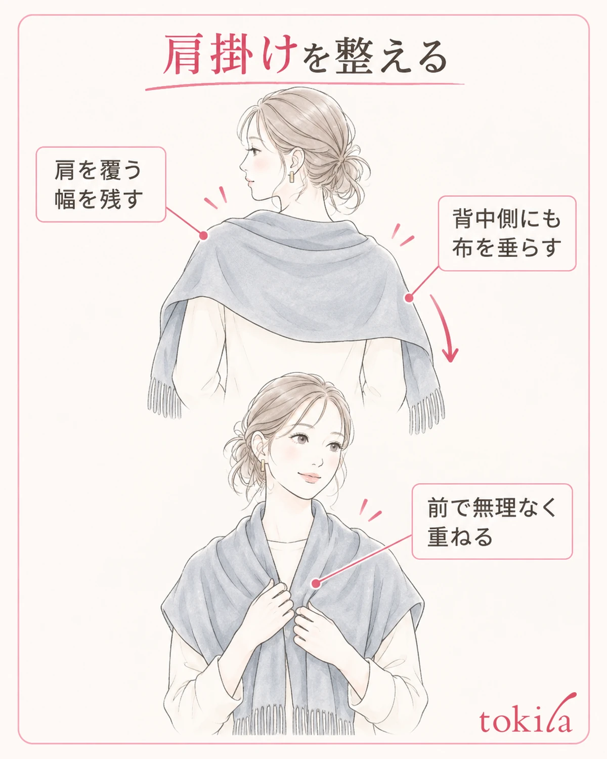 肩掛けでは肩を覆う幅を残し、背中側の丈と前で重なる長さを整えます。