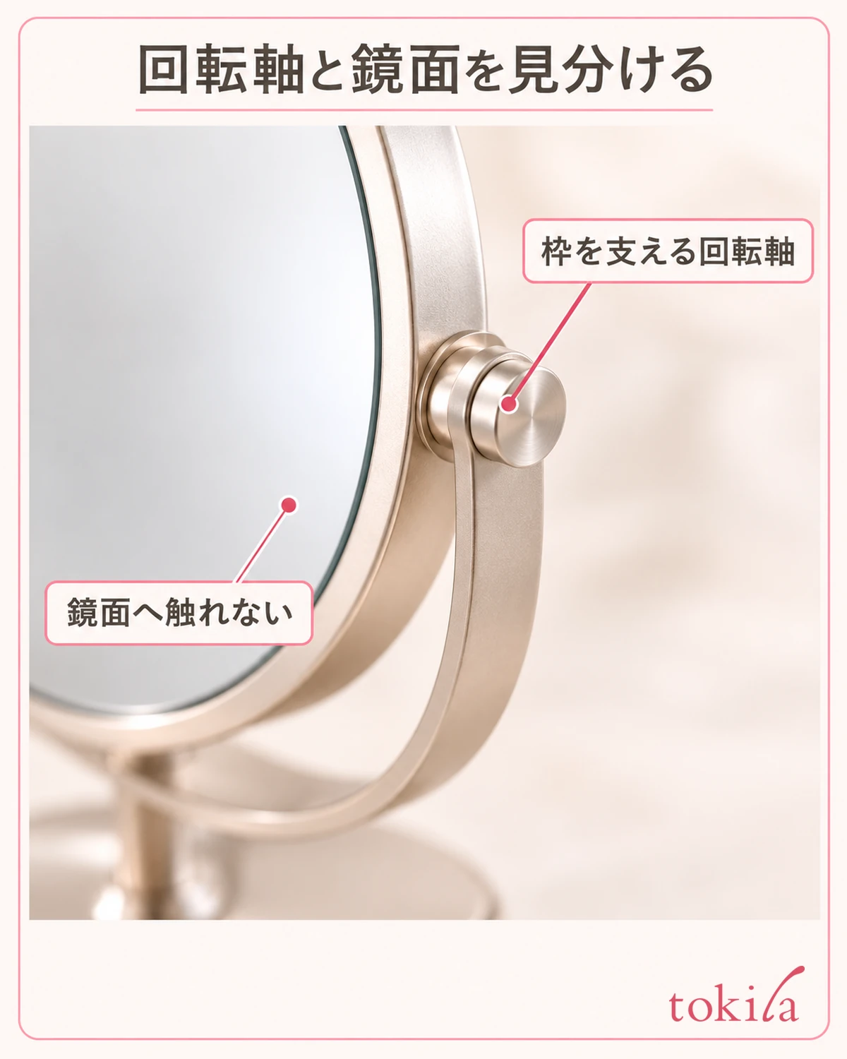 The pivot joining the frame of a two-sided mirror to its support