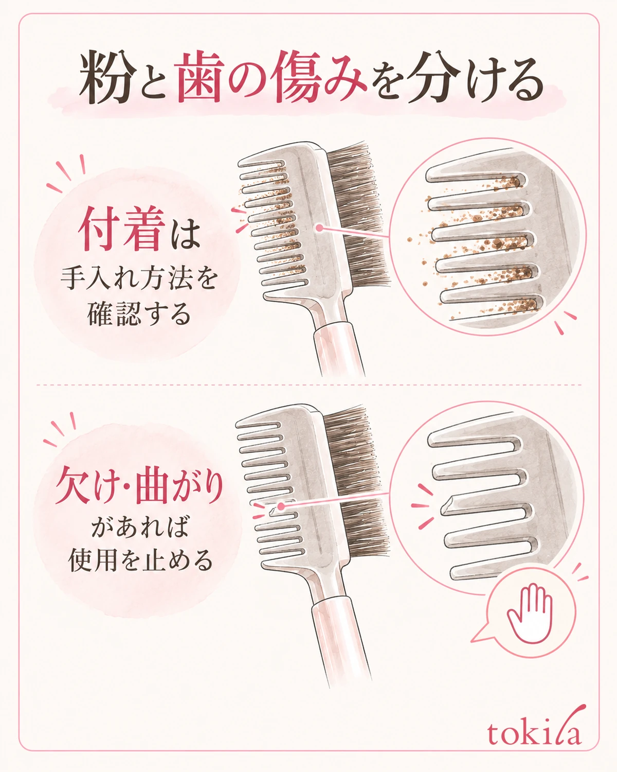 粉の付着と歯の欠け・曲がりを、顔から離した道具で見分けます。