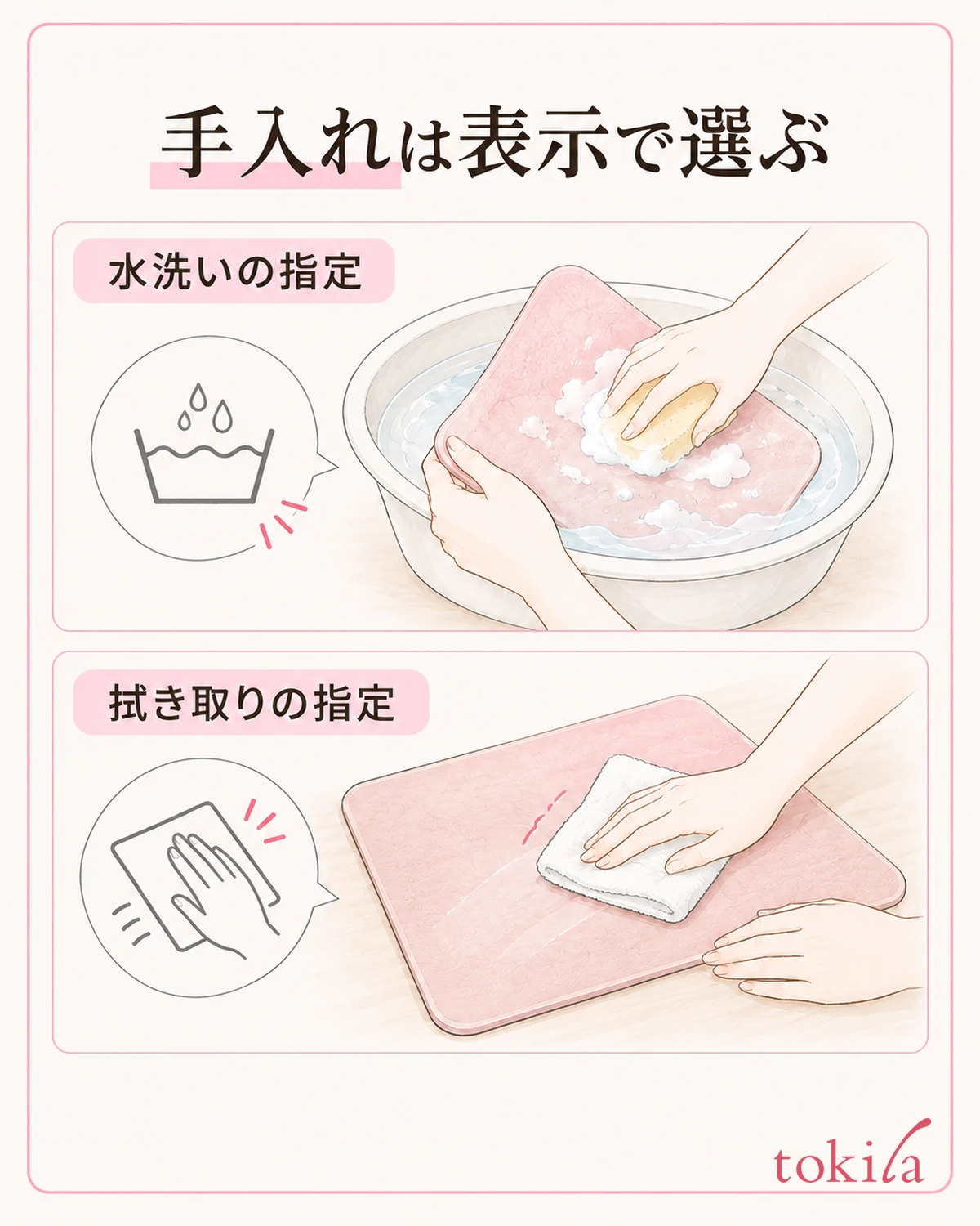 洗う指定と拭く指定を分け、表示に合う方法を選びます。