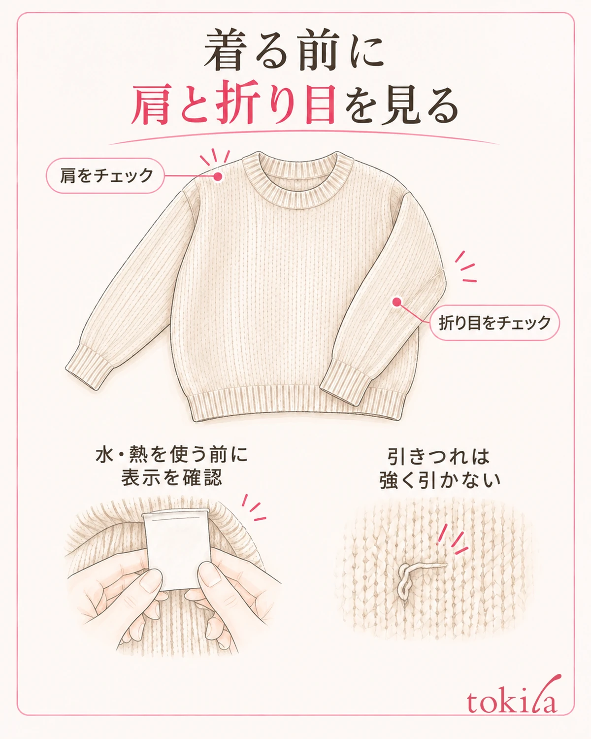 肩と折り目を見て、水や熱を使う前に取扱い表示を確認します。