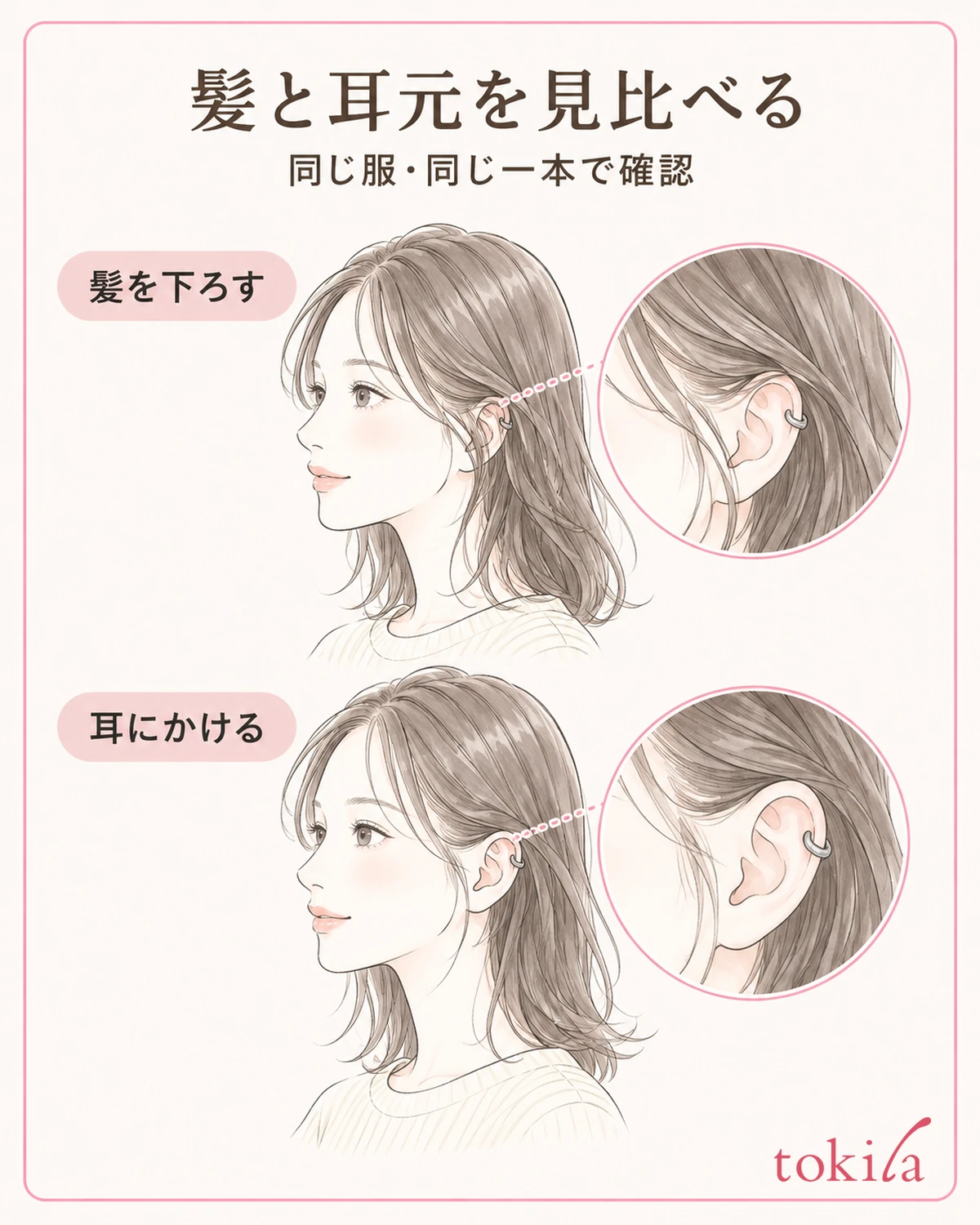 같은 옷을 입은 채 머리카락에 가려지는 면과 보이는 면을 확인합니다.