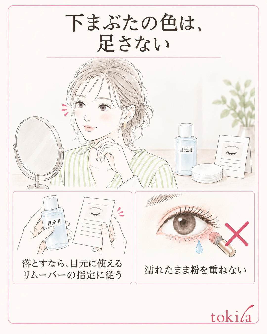 目元用リムーバーの指定を確認し濡れた表面へ粉を重ねない図