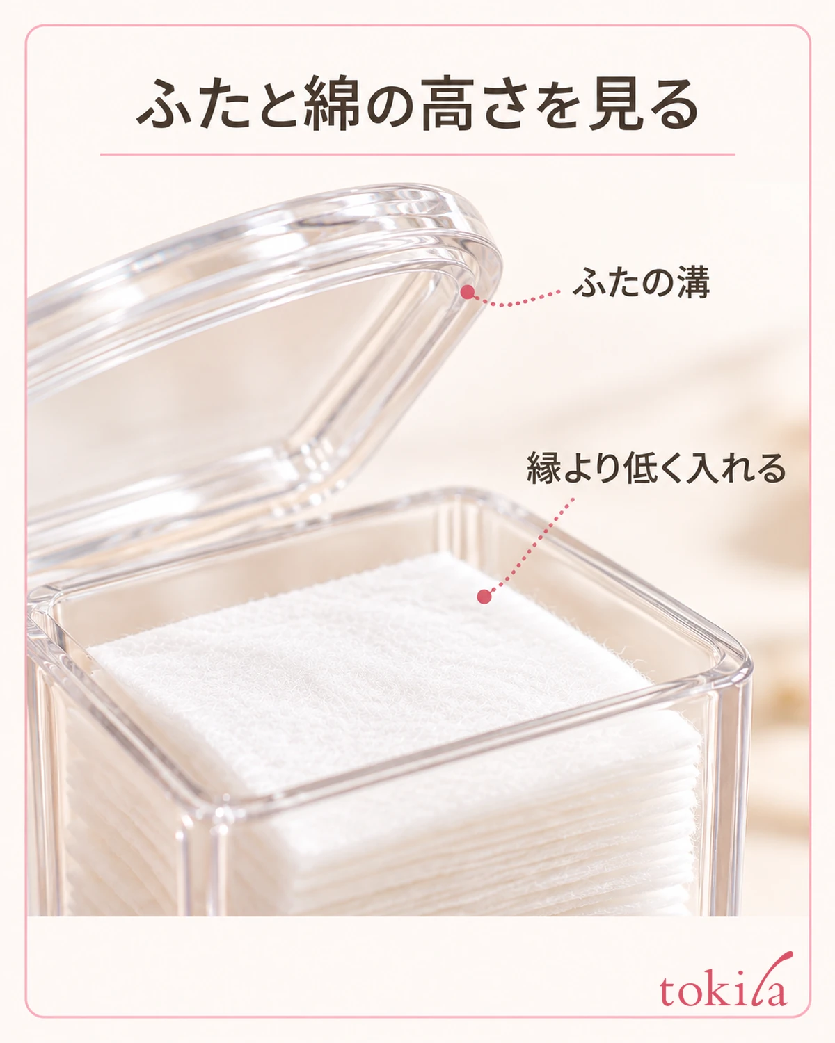 透明なふたの溝と容器の上縁、そこより低い綿の上端