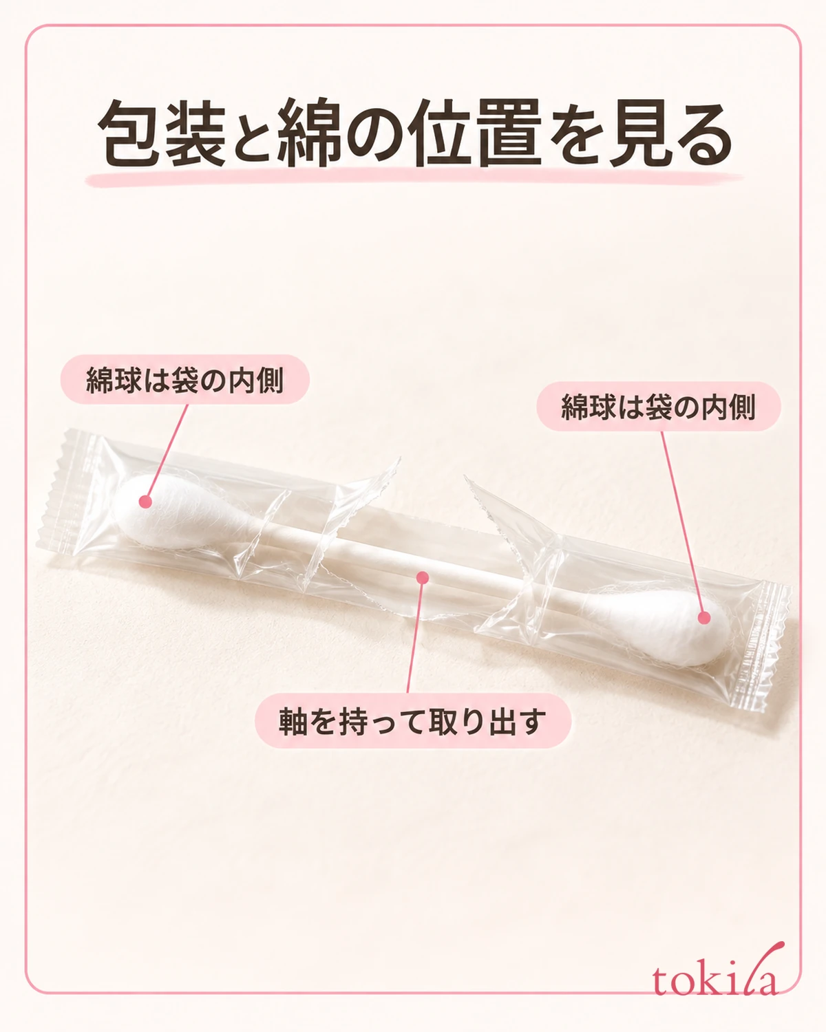 袋越しの綿球と、取り出す軸の位置を見ます。