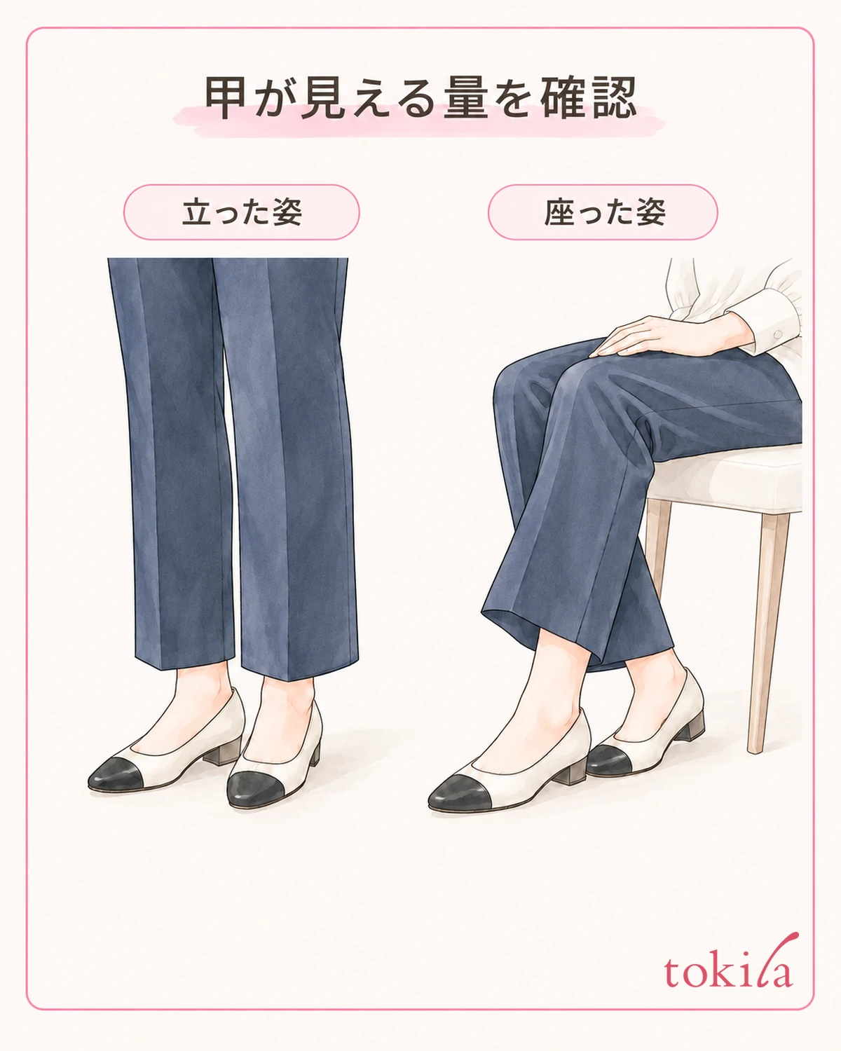 立った姿と座った姿で、甲の見える量を確認します。