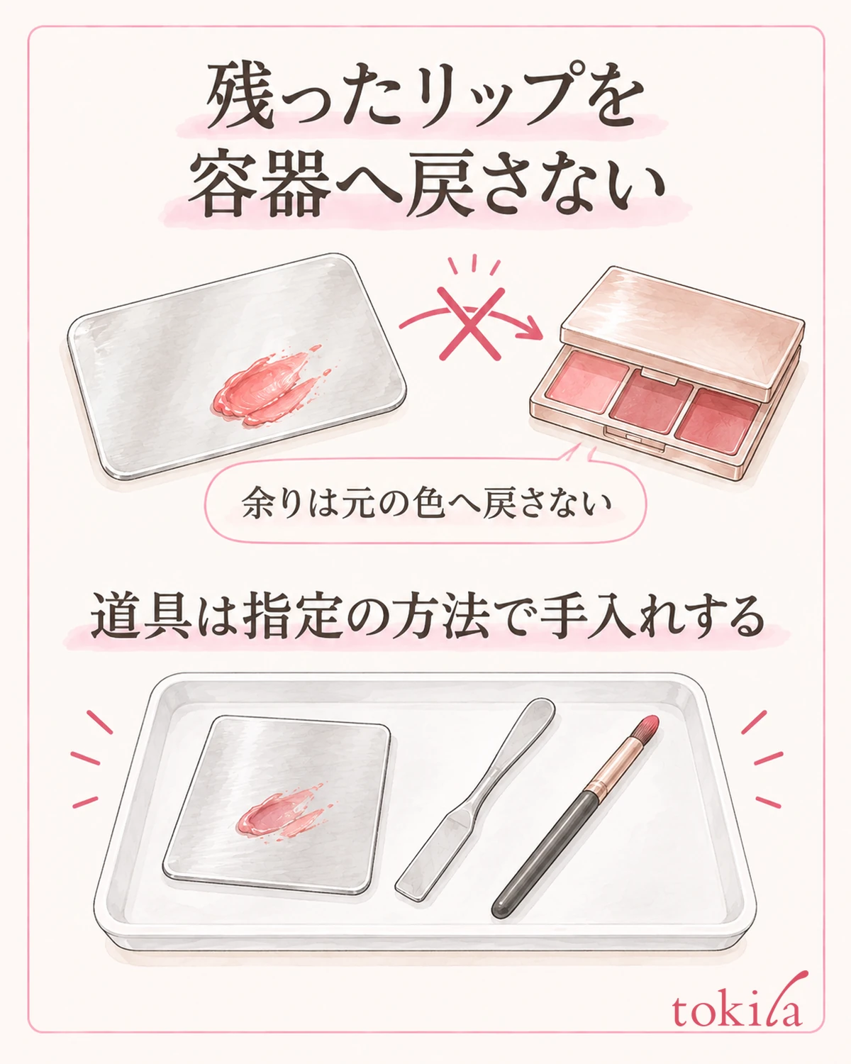 Do not return the lipstick left on the plate to the container; care for each tool as it directs.