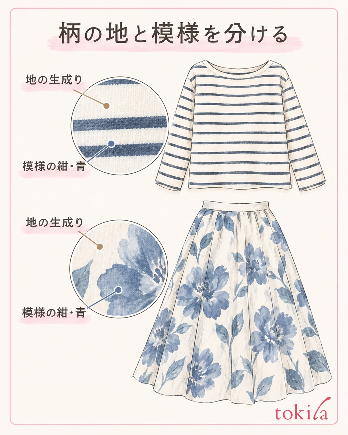 将两件图案服装并排摆放，分开观察大面积的底色和图案的颜色。
