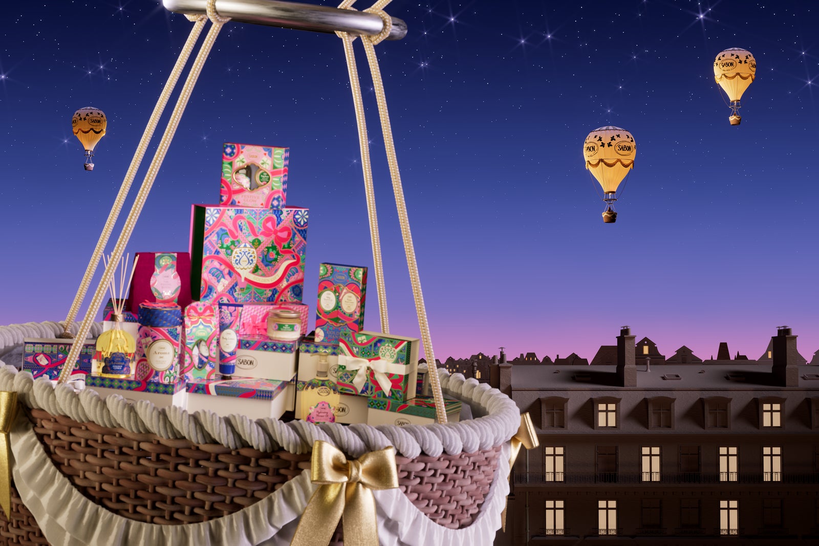 夜空に浮かぶ気球のかごに、SABONのホリデーギフトが積まれたビジュアル