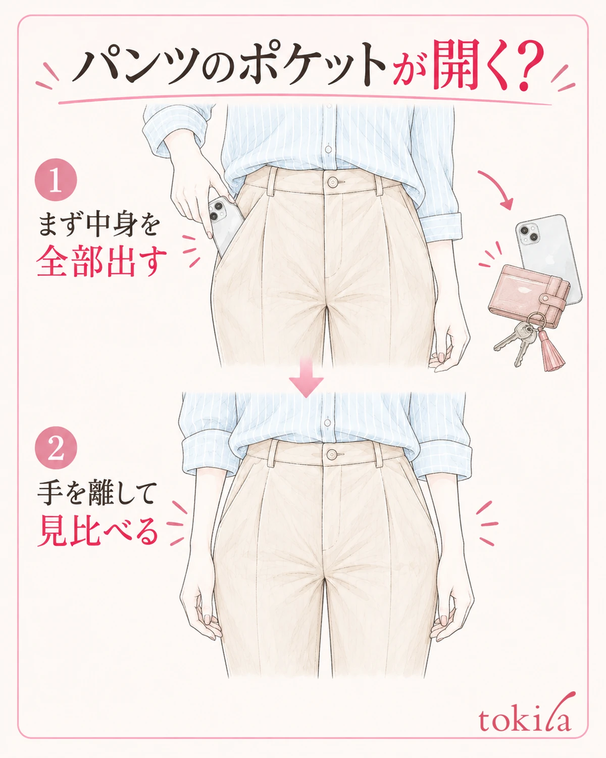 Empty the pockets of the pants, let go with your hands, and compare in the same posture.