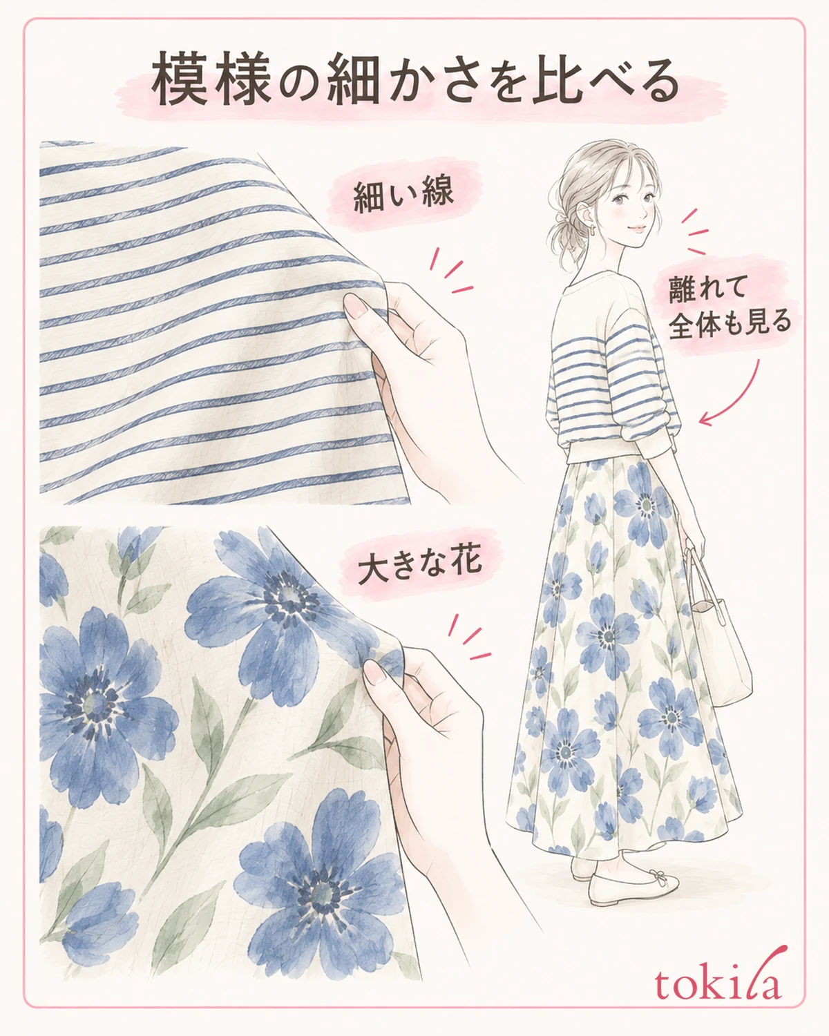 将图案的大小与线条的深浅分开来看，并在穿着的样子下也确认。