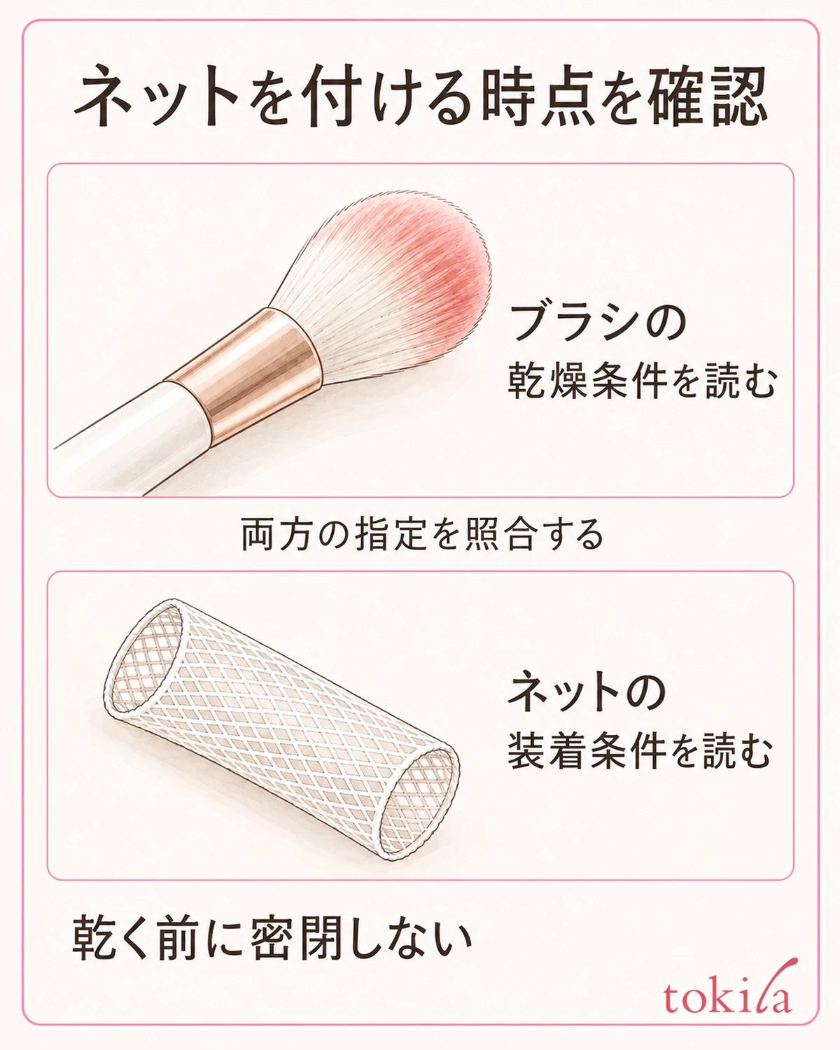 ネットを付ける時点と、ブラシを乾かす条件を照合します。