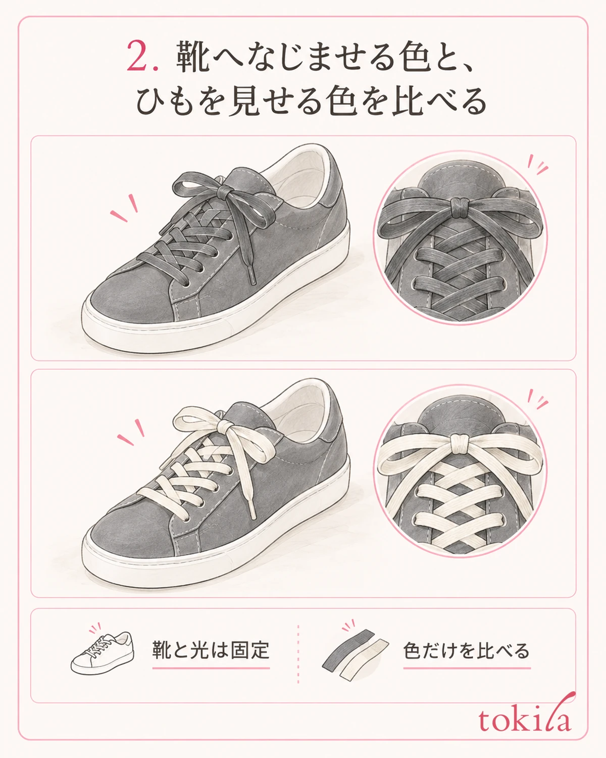 靴を固定し、甲に近い明るさのひもと差のあるひもを比べます。
