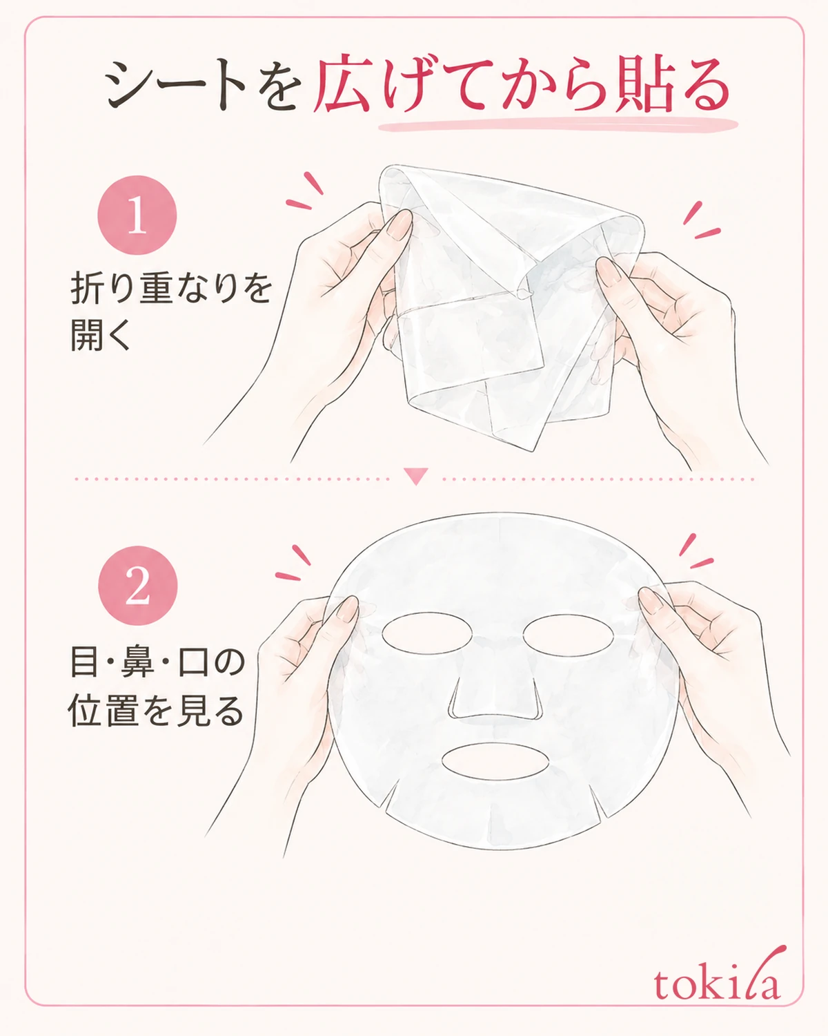 折り重なったシートを開き、目・鼻・口の位置を確かめる。