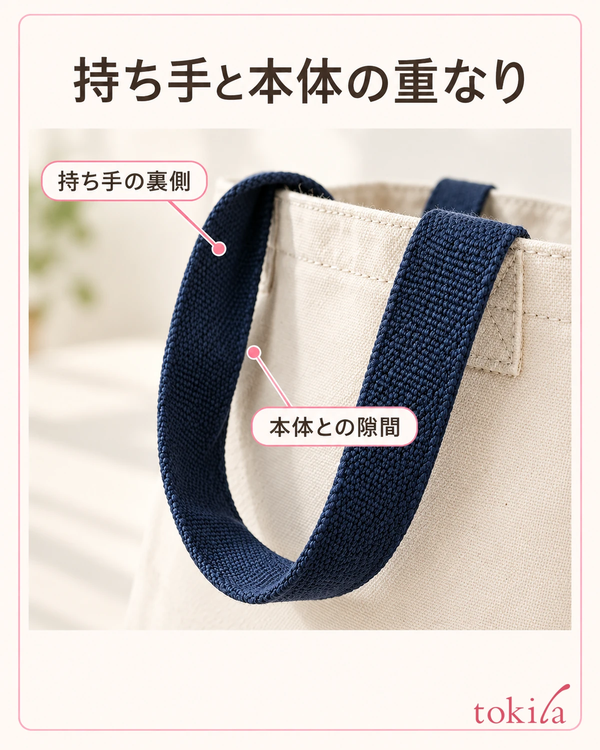 持ち手の裏側と本体との隙間を見て、重なる部分を手持ち品で確認します。