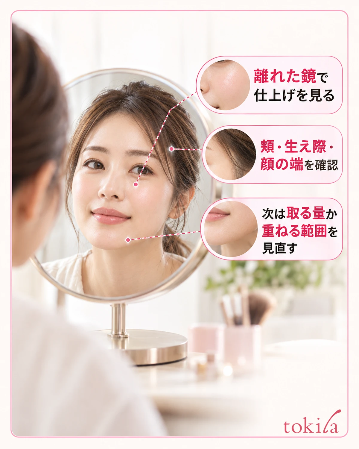 離れた鏡で全体を見てから、次に変える条件を選びます。