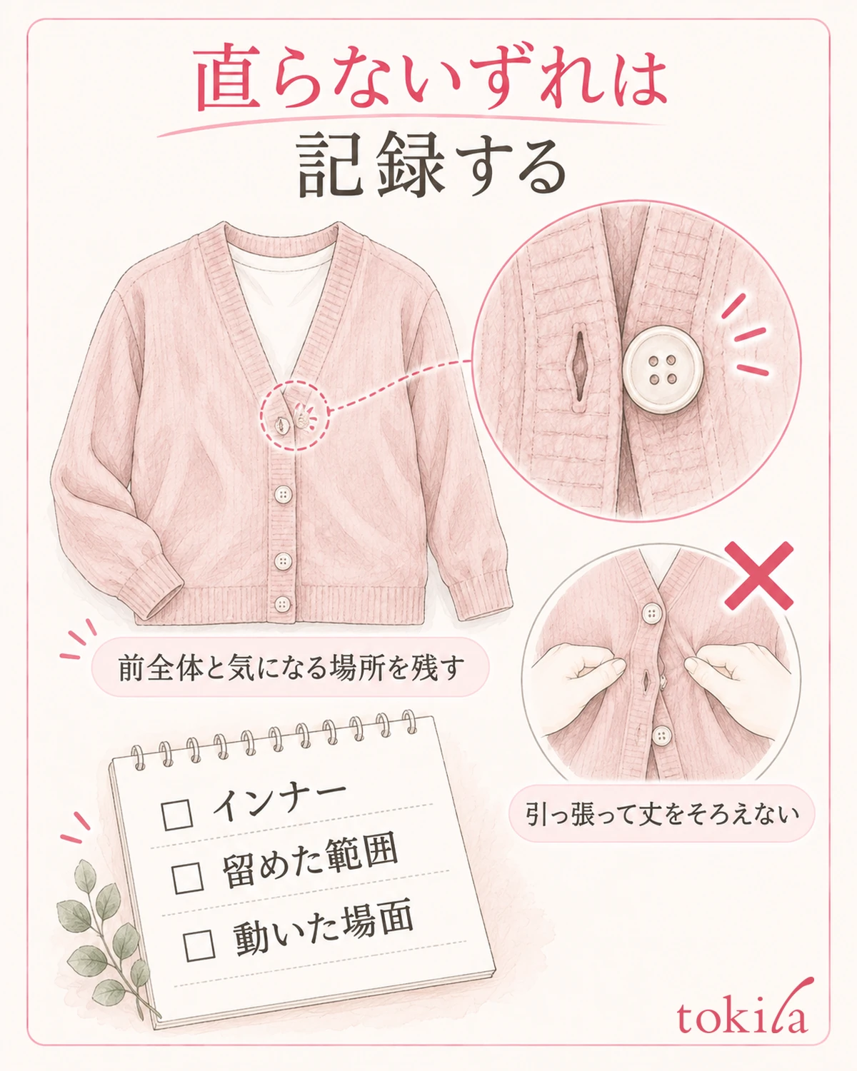 留め直しで変わらないときは、引っ張らず、気になる場所と着用条件を記録します。