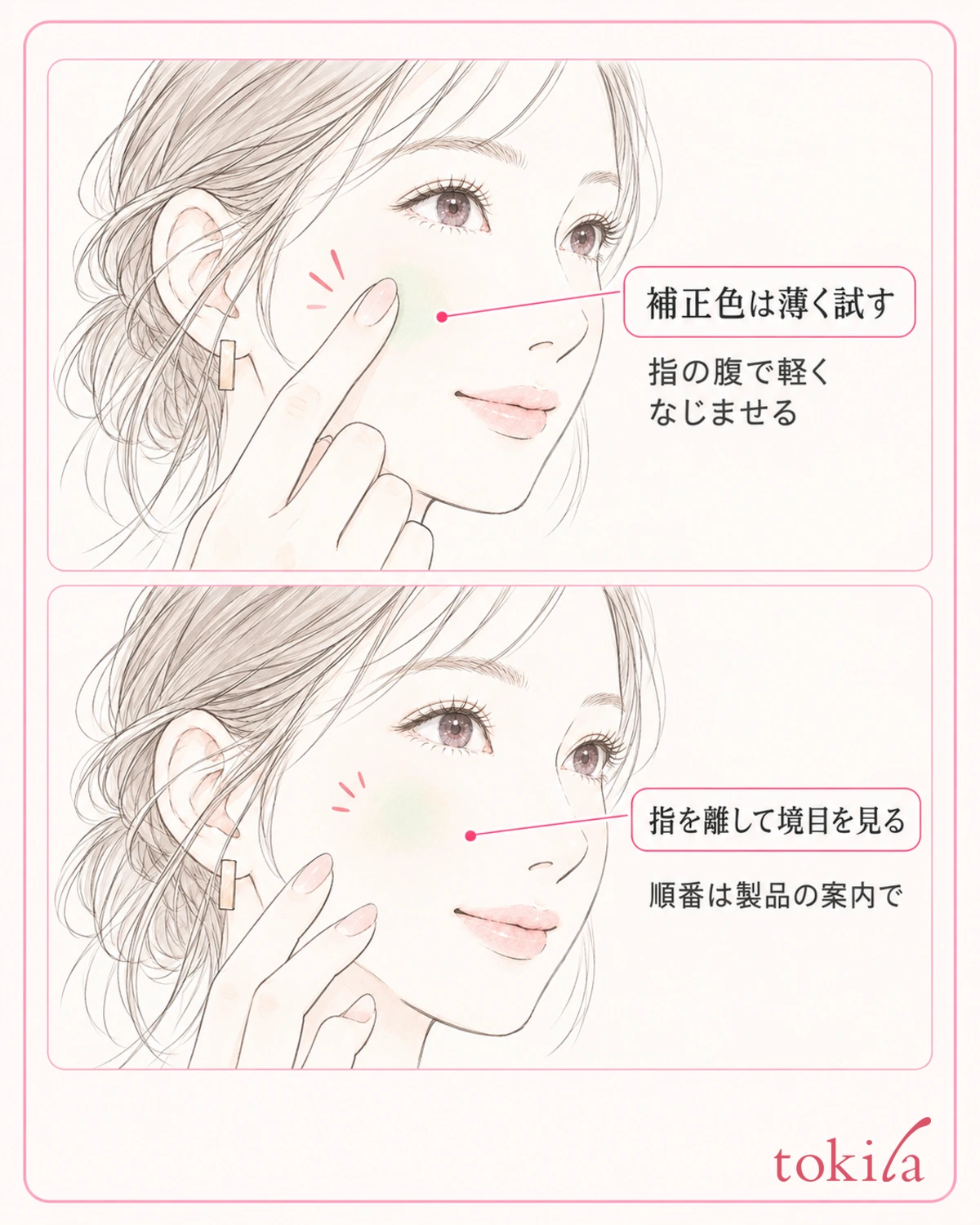 薄く試す場所を一つ決め、指を離して色と外周を見ます。順番は製品の案内を優先します。