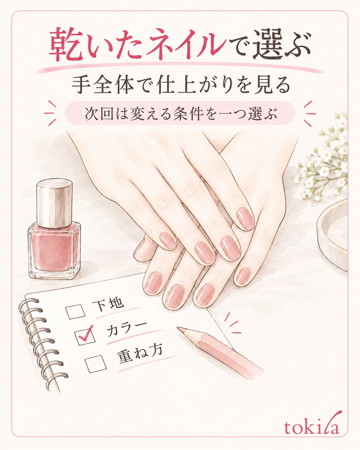 마른 마무리를 손 전체로 보고, 다음번에는 베이스·컬러·덧바르는 방법 중 하나를 골라 다시 살펴봅니다.
