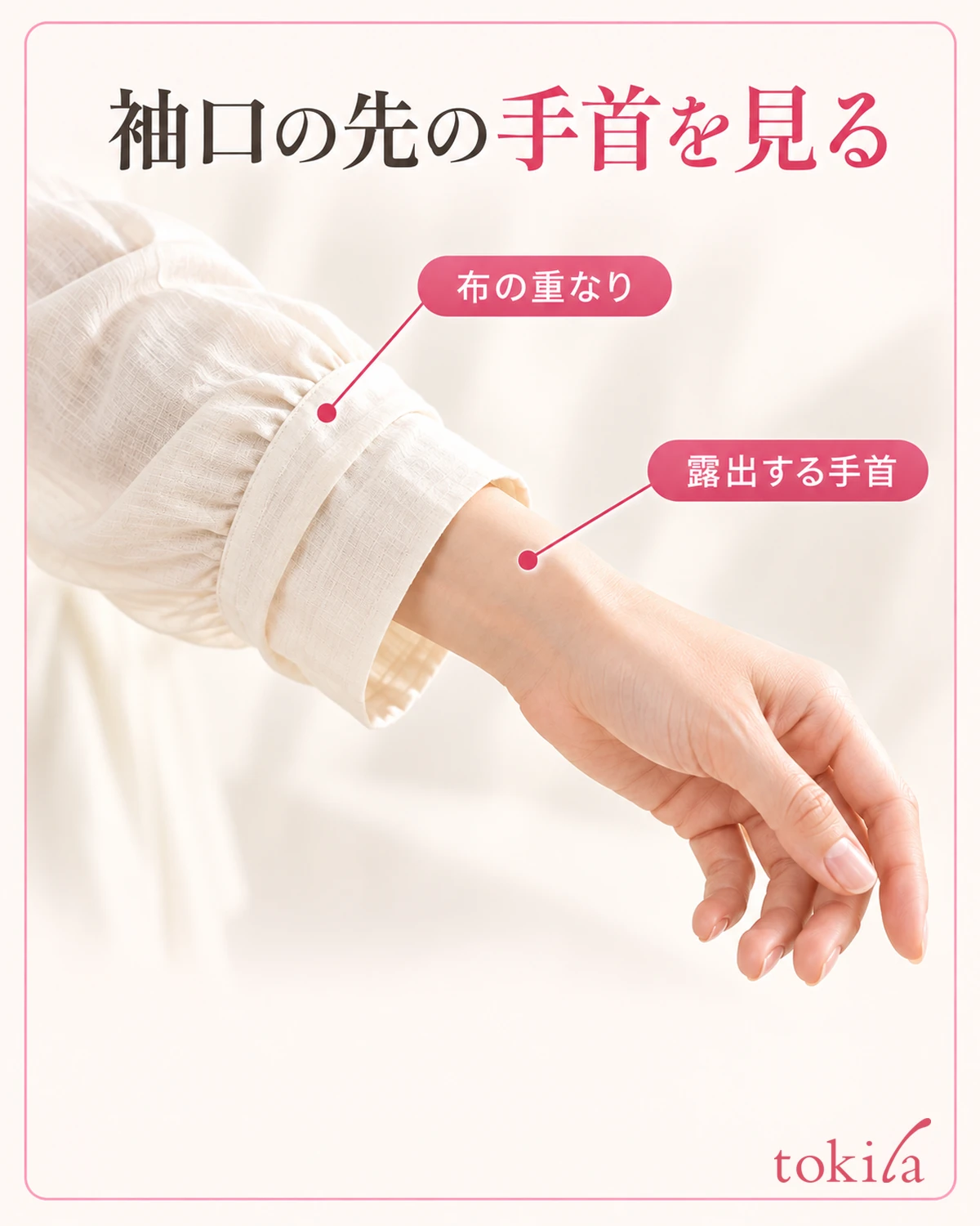 袖口の布の重なりと露出する手首を見ます。