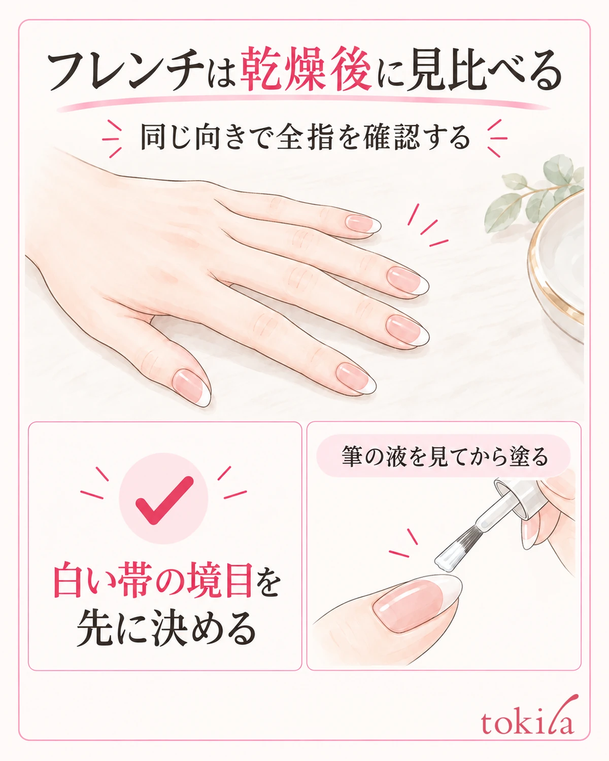 干燥后以相同角度查看所有手指,选出下次要具体改变的一点。