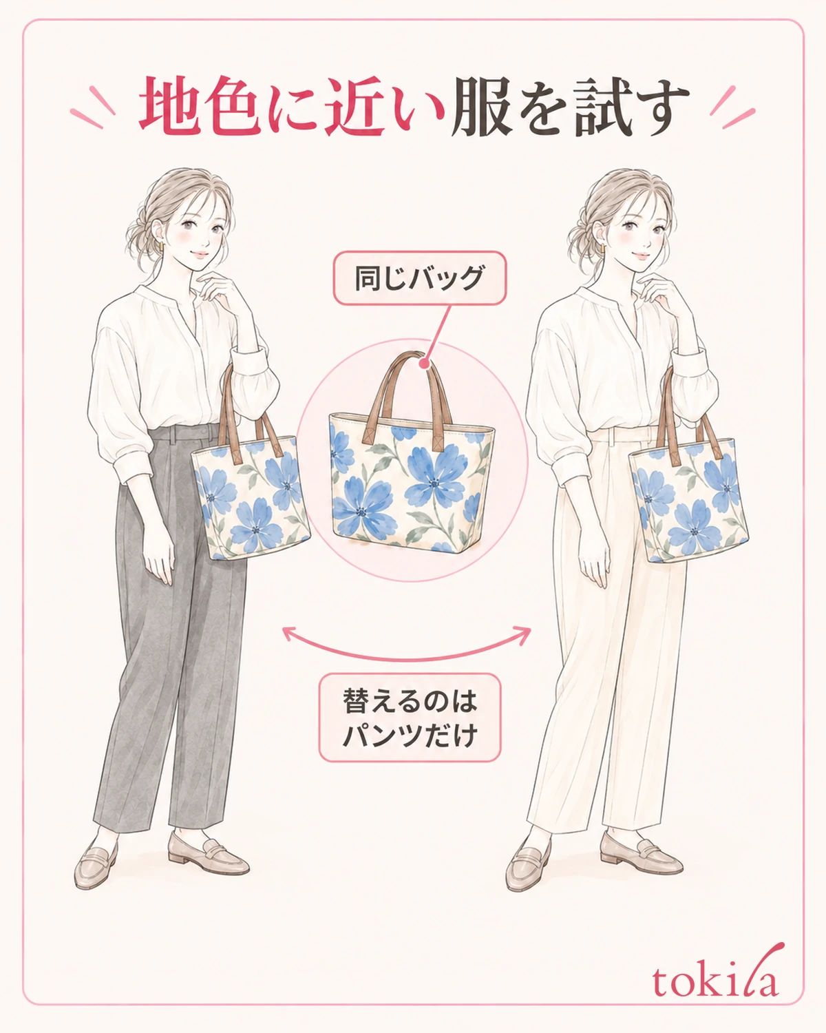 バッグの後ろにある無地の服を、地色に近い候補へ替えます。