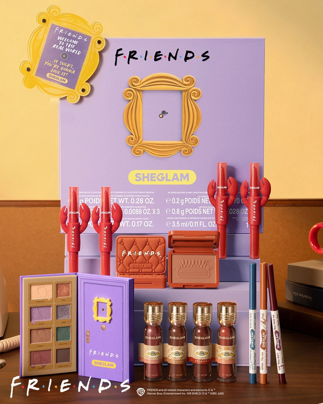 FRIENDS™ × SHEGLAMのコスメ5種とパッケージ