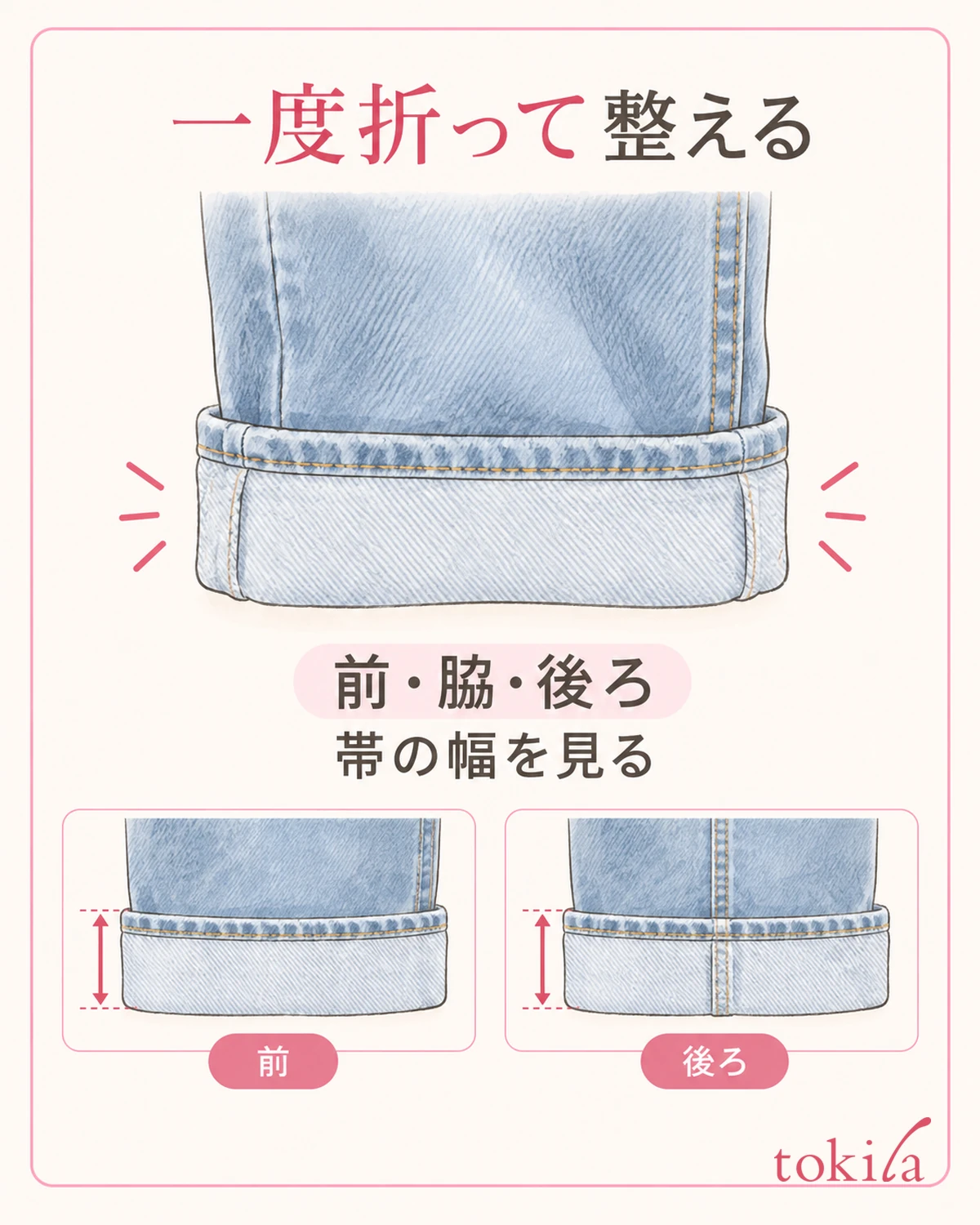 一度折り、前後と脇の帯の幅をそろえます。