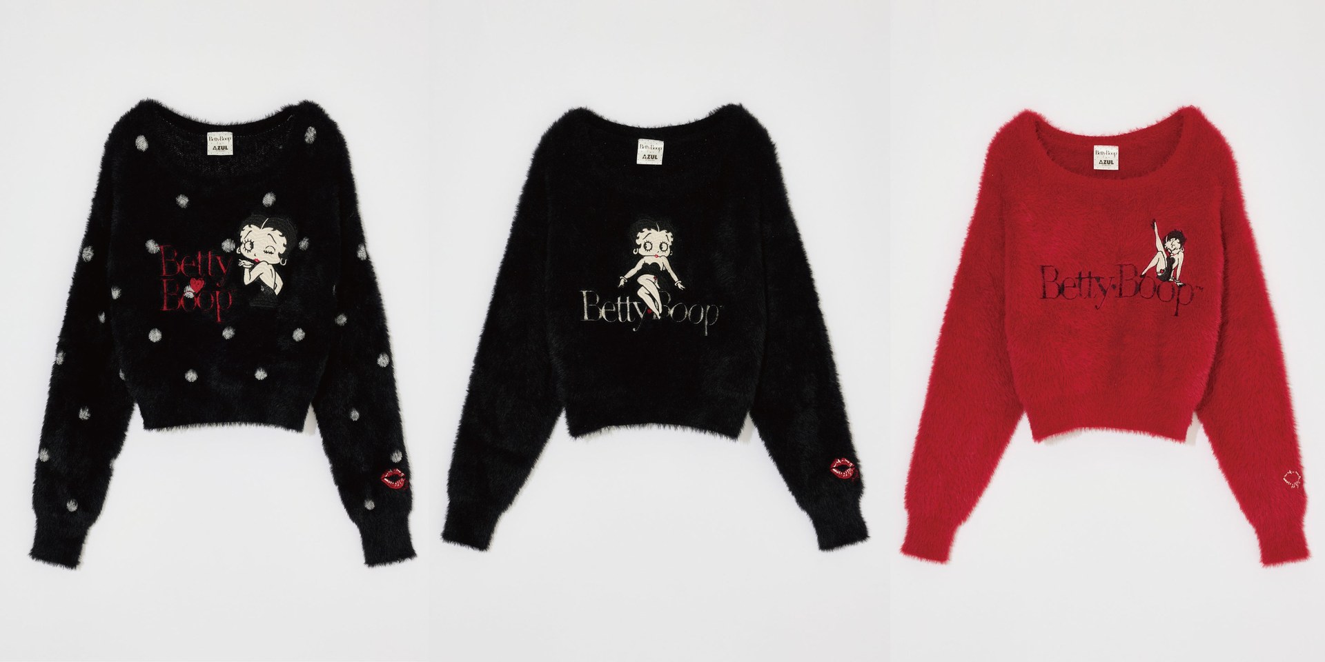 Betty Boop™×AZULシャギーニットの柄BLK、BLK、RED